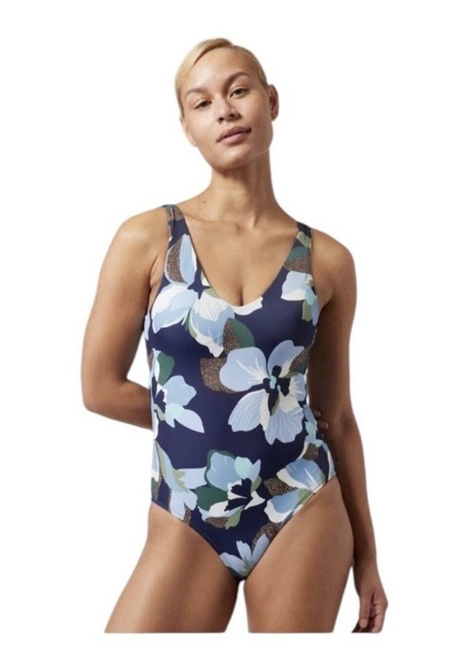Athleta Seychelles Swimsuit Womens S Blue Floral UPF 50 One Piece Swim